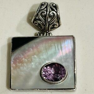 VTG Sterling Silver 925 MOP Inlay Amethyst Stone Chunky Statement Pendant